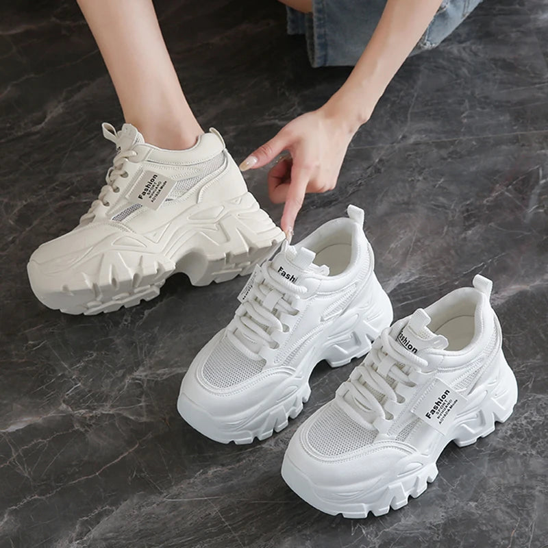 Whiet Breathable Chunky Sneakers Woman 2025 Spring Thick Platform Casual Sneakers Women Non Slip Lace Up Sports Shoes Female