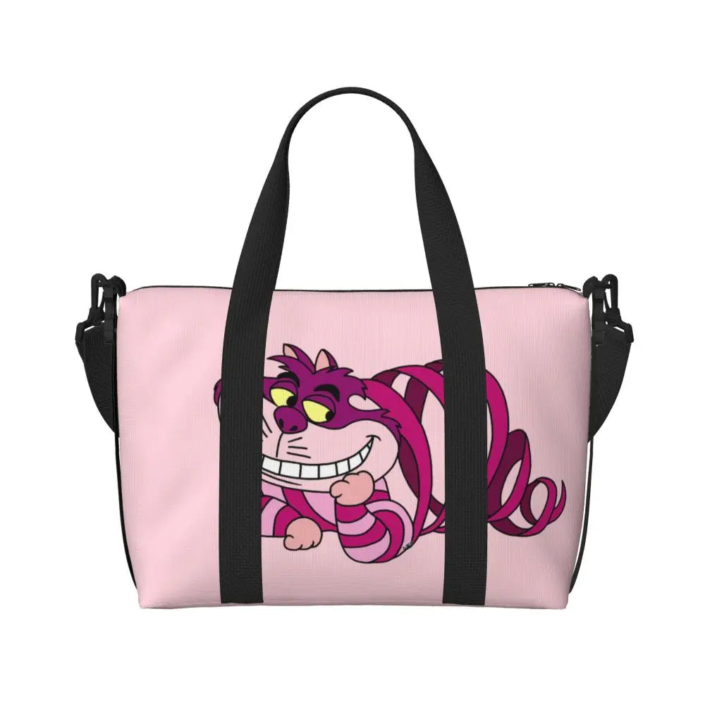 Custom Cheshire Cat Beach Tote Bag for Women We're All Mad Here Cat Big Compartment Gym Beach Travel Bags