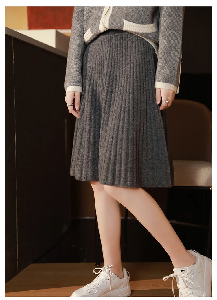 Elegant Women 100% Wool Knitted Skirt Korean Fashion Solid Casual A Line Ladies Pleated Short Skirt Spring Chic High Waist Skirt