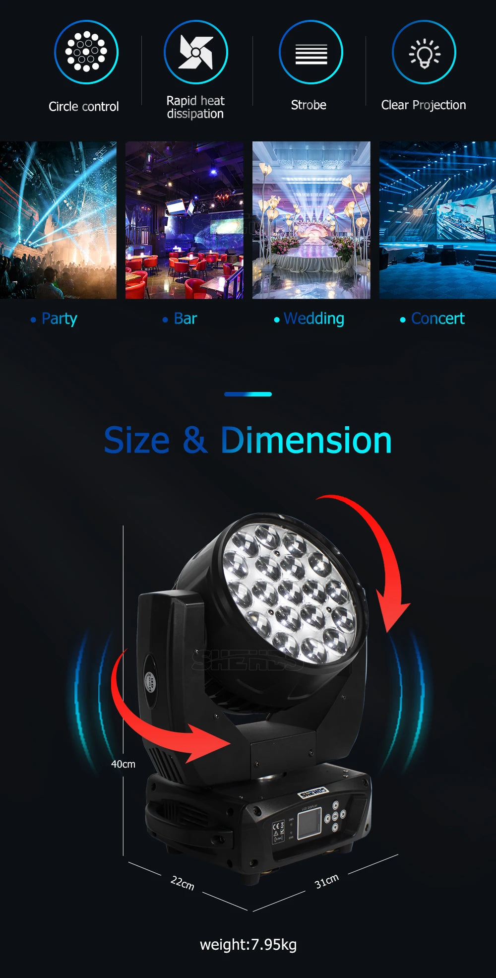 SHEHDS LED Zoom 19x15W RGBW Moving Head Light Beam Wash Effect Flight Case for DJ Disco Christmas Concerts Weddings Parties