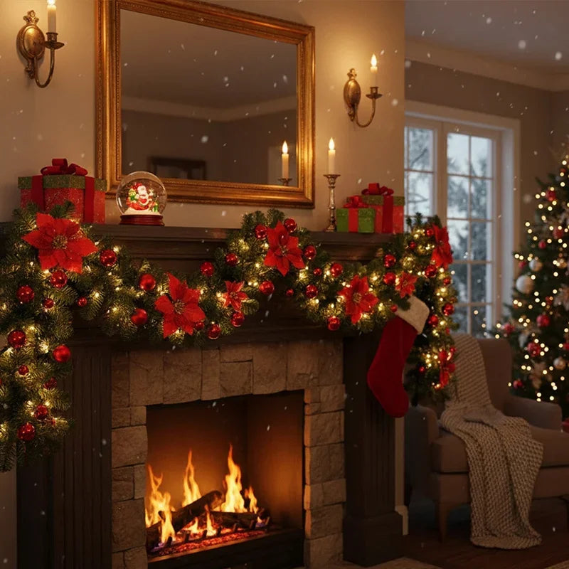 Weihnachts-LED-Rattan-Girlande, 270 cm künstlicher Kranz mit Lichtern für Weihnachtsbaum, Haustür, Kamin, Treppen, Zuhause, Party-Dekoration