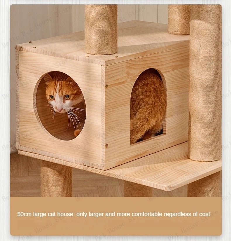 Massivholz Säule Multi-schicht Katzen Klettergerüst, Multifunktional Haustier Große Katzen Villa Mehrstöckig Katzen Baumhaus Klettern Spielzeug