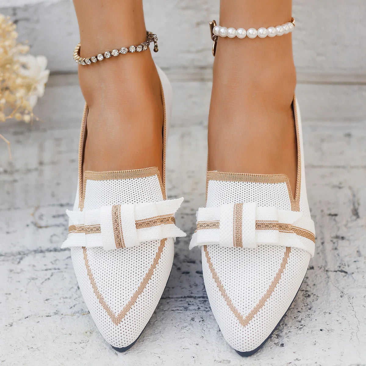 Women Flats 2024 New Knitted Slip Breathable Comfortable Solid Color Shoes Casual Pointed Toe Walking Loafers Sneakers Women