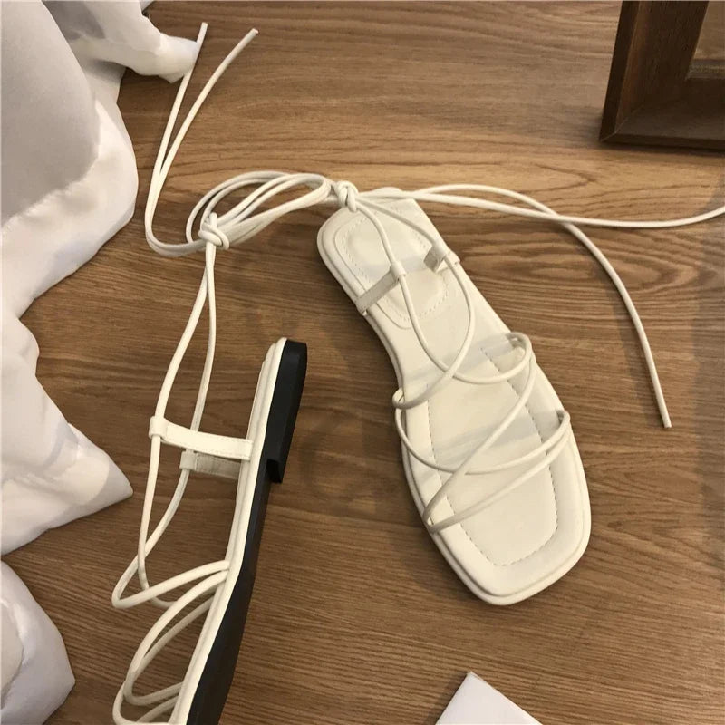 Summer Shoes Women Sandals Narrow Band Vintage Square Toe Flat Cross Strap Thong Sandals V Shape Design Shoes Women