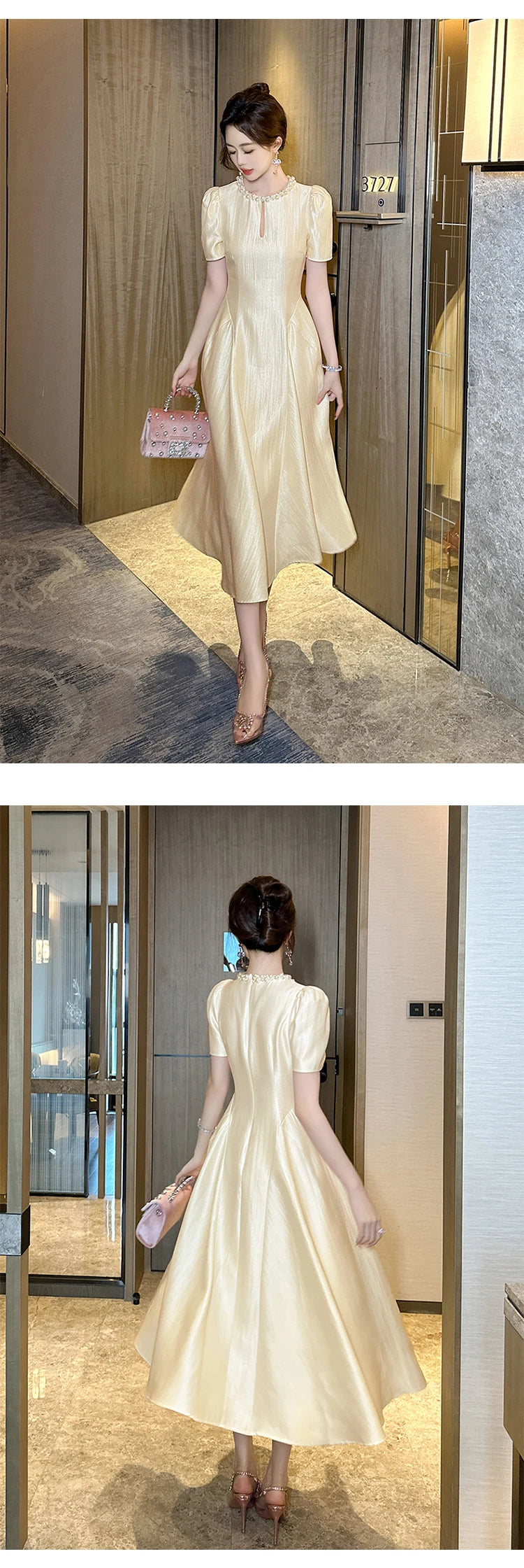 Elegant Host Evening Dress Women's French Vintage Sweet Pearl Hollow Folds Swing A-LINE Long Robe Party Catwalk Prom Vestidos
