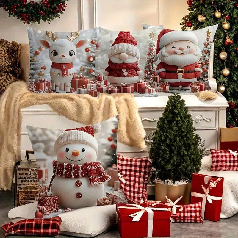 Modern Christmas Pillow Covers Set of 4, Snowman Reindeer Santa Design, Soft Polyester Zippered  for Living Room Decor