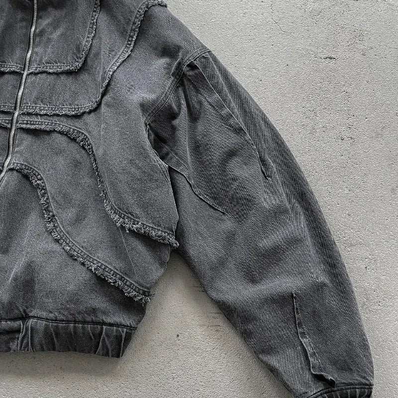 Washed Denim Jacket Y2K American Double Zipper Stitching Flanging Design Streetwear Gothic High Street Oversized Unisex Pullover