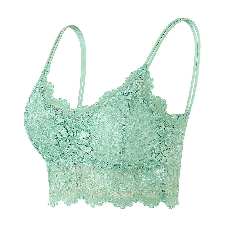 Damen BH 2025 - Blumen-Spitzen BH ohne Bügel mit Bogenkante & Doppelträgern