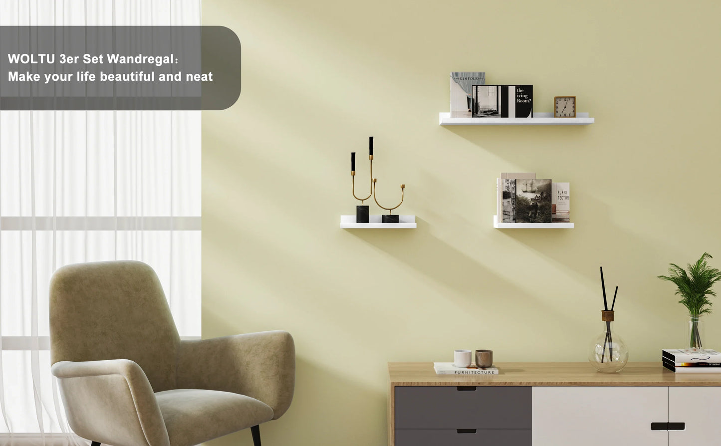 WOLTU Wandregal MDF Weiß Set 3-Teilig 60x10x5 cm Belastung 5 kg