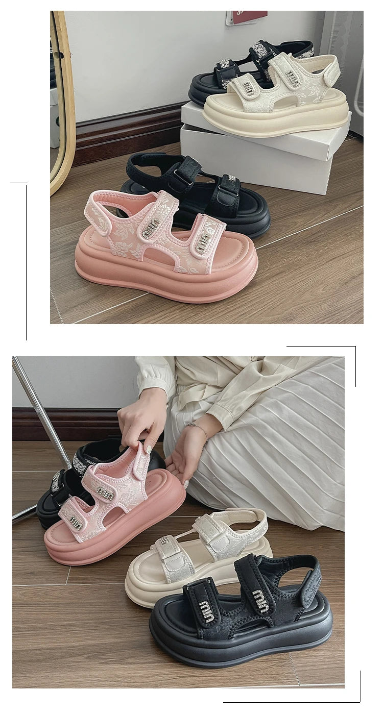 New Embroidery Casual Roman Designer Platform Sandals Women HOOk&LOOP Flats Summer Casual Ladies Outdoor Shoes Zapatos De Mujer