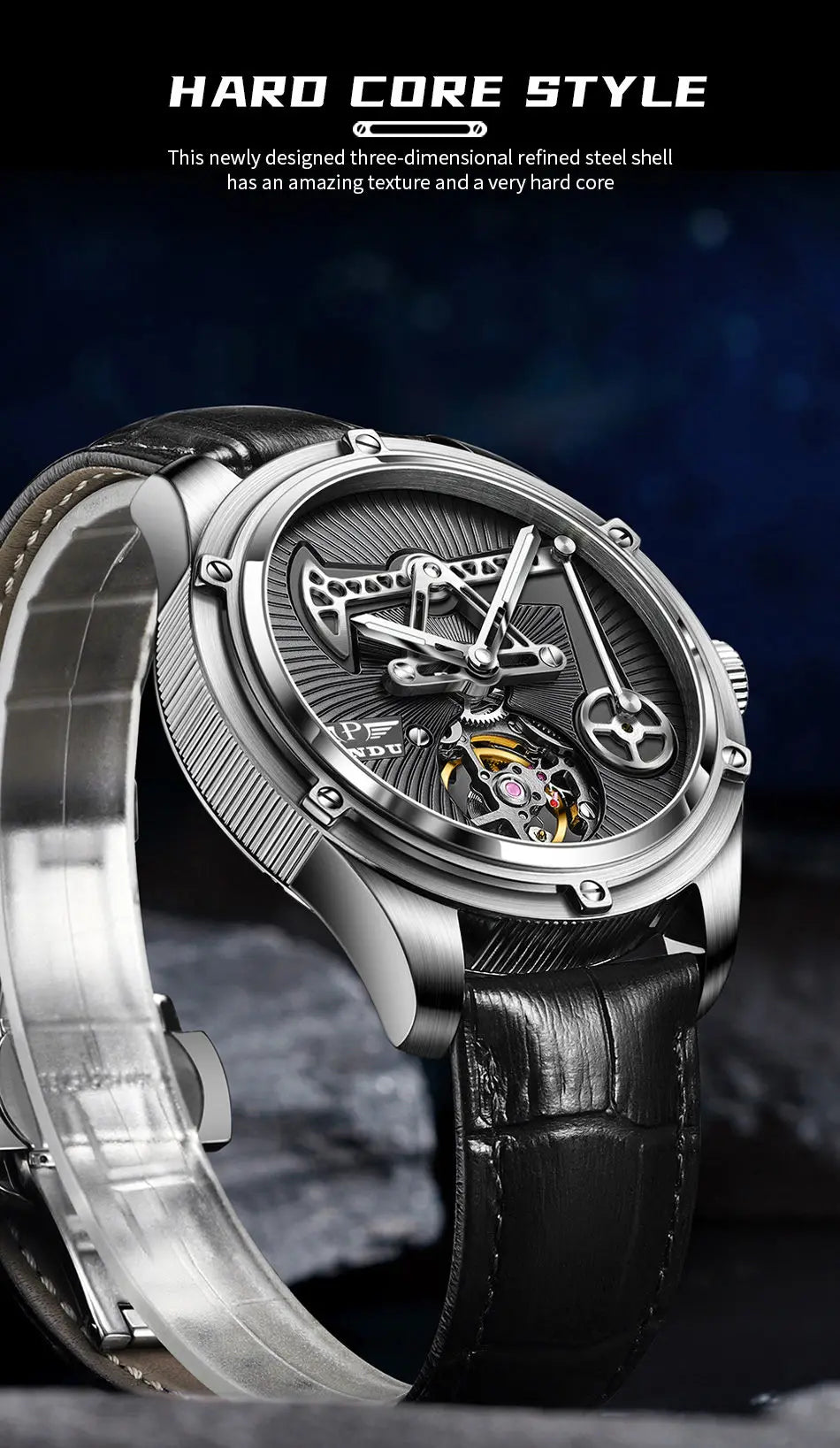 Men leather mechanical watch auto movement, sapphire glass