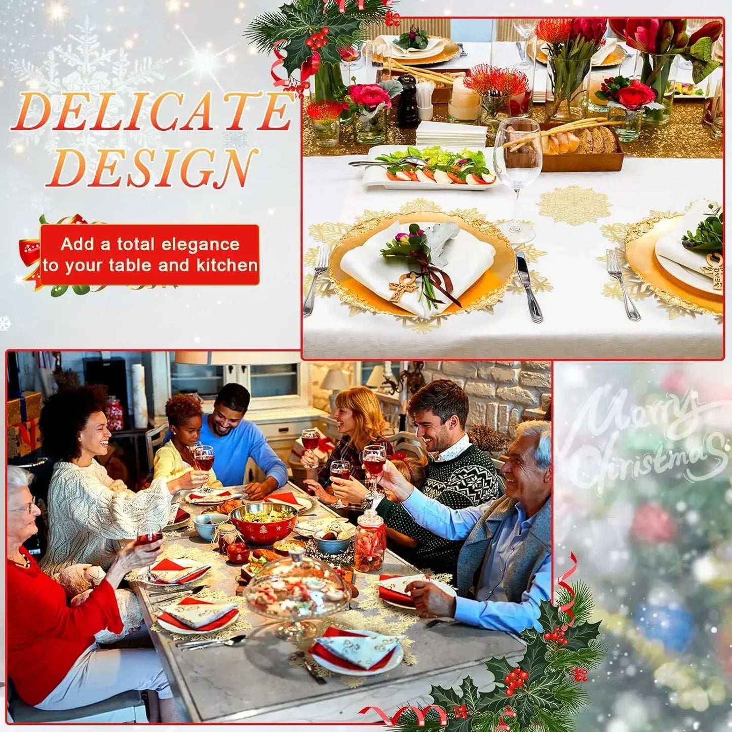 5-20PCS Christmas Snowflake Placemats and Table Runner Heat Resistant Dining Room Table Mats Holiday Party Tableware Decorations