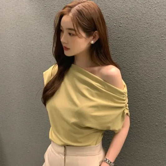 Asapgot Diagonal Crop Top - Schulterfrei Elegant Kurzarm S