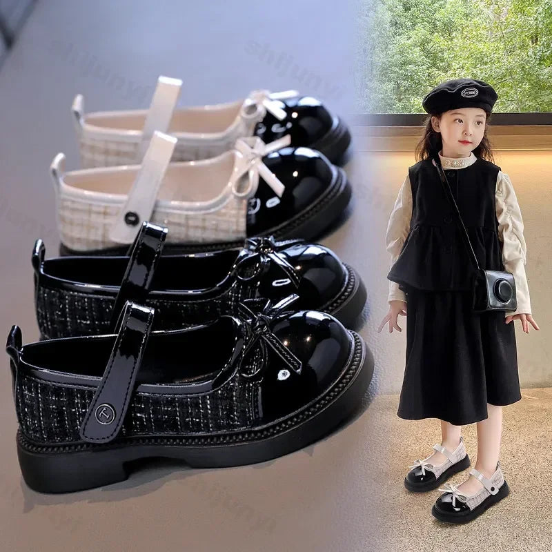 Mädchen Leder Schuhe Mode Schleife - Rutschfest Weiche Sohle Neue 2025 Herbst - Kariert PU Leder Outdoor Kinder Casual Flats