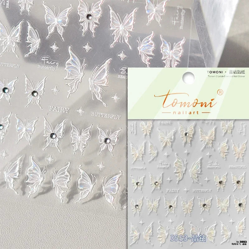 Fantasy Shiny Shell Light Butterfly Rhinestone Bohemia Hot 5D Soft Embossed Relief Nail Art Sticker 3D Decal Decoration Manicure