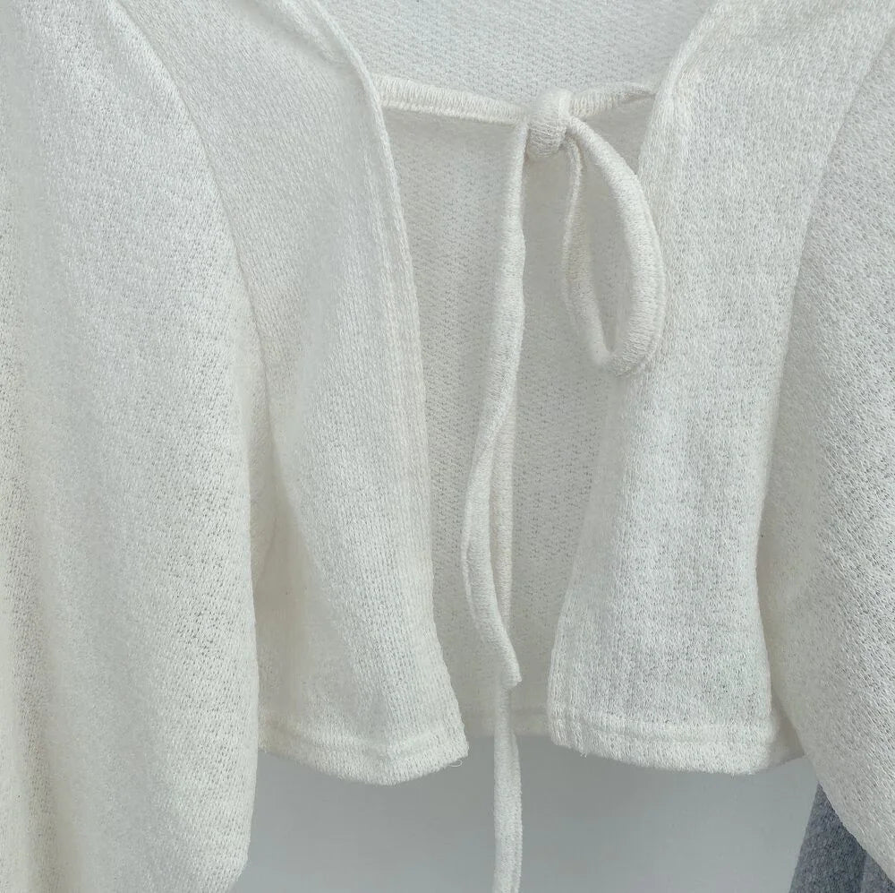 TDFunlive Cardigan Sonnenschutz Laternenärmel V-Neck Schnür-Detail Weiß - Größe S/M/L, Länge Kurz