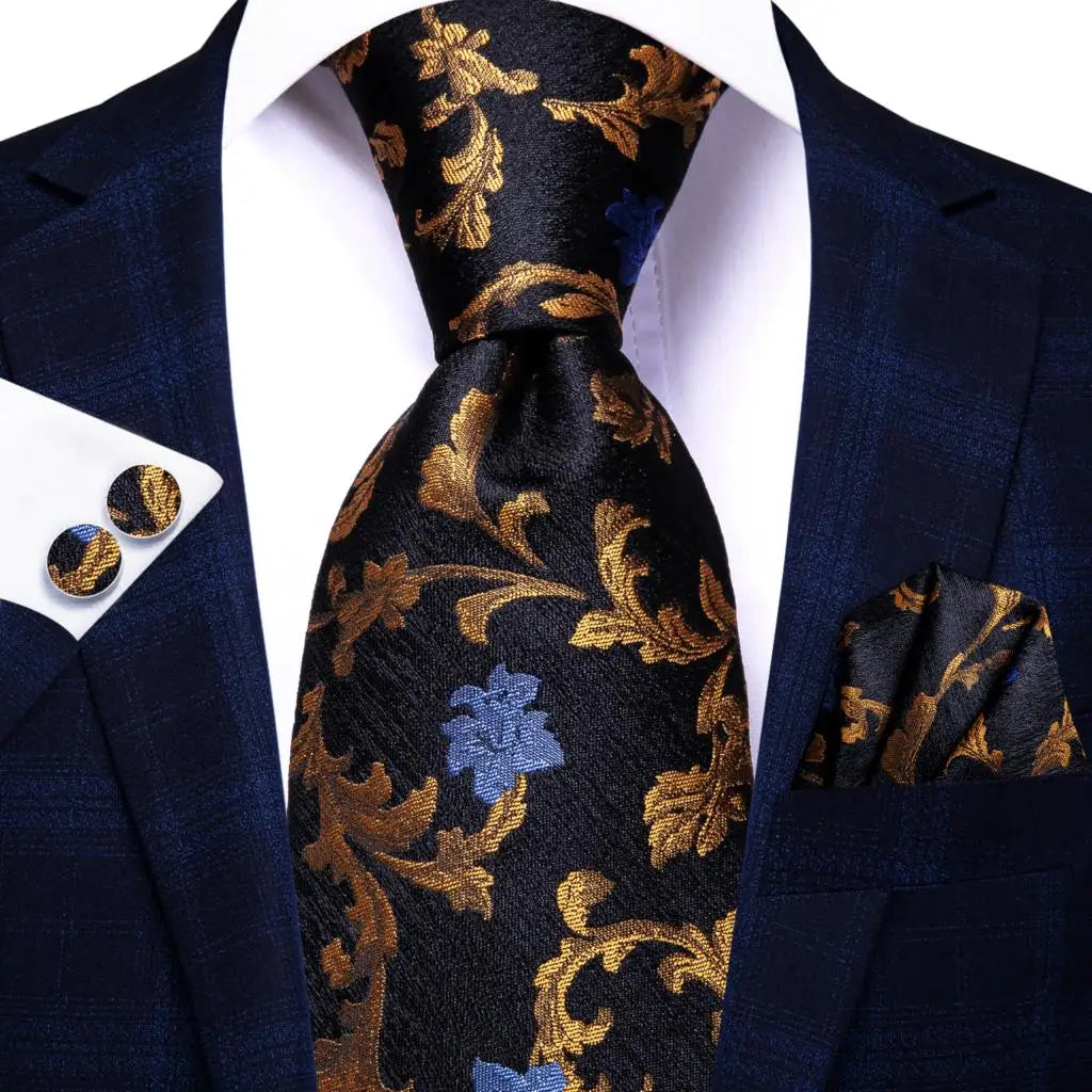 Hi-Tie Seiden-Herren-Krawatten-Set Blumenmuster Gelb Gold Krawatten und Taschentücher Manschettenknöpfe-Set Herren-Hochzeits-Party-Anzug-Mode-Halskrawatte C-3053