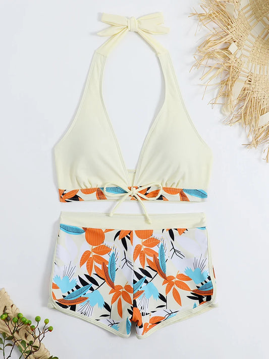 Halter Bikini Set Kurzer Schwimmanzug Frauen High Waist Bedruckte Bademode