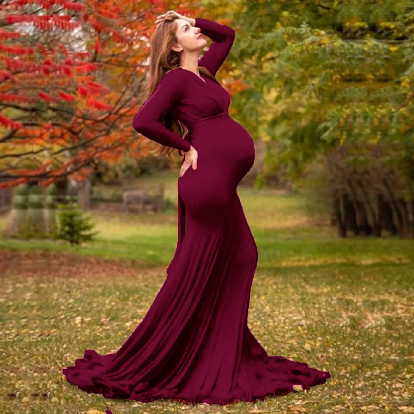 Women's Spring Autumn Maternity Dress Elegant Slim V-Neck Long Sleeve Mermaid Maxi Gowns for Photography Baby Shower Photoshoot