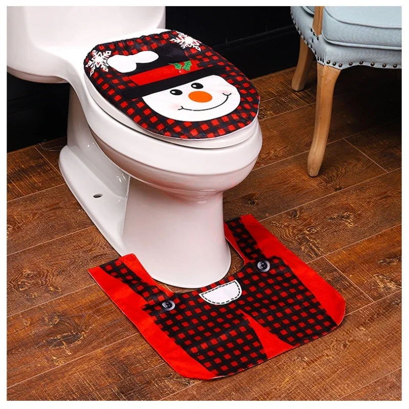 Santa Claus Snowman Toilet Two-piece Set Creative Cartoon Toilet Mat Toilet Seat Lid Cover Floor Carpet Set Christmas Decoration
