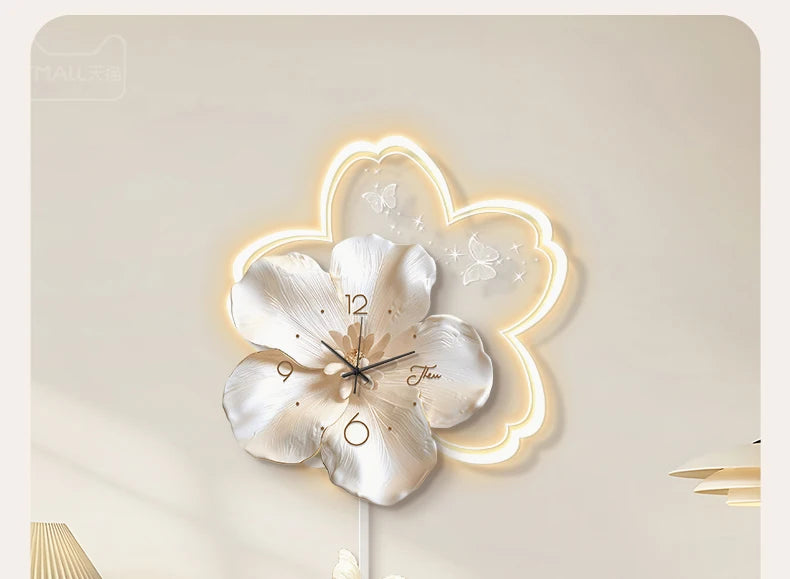 Cream Style Living Room Decoration with LED Light Wall Clock New Home Decor Creative Swinging Clock