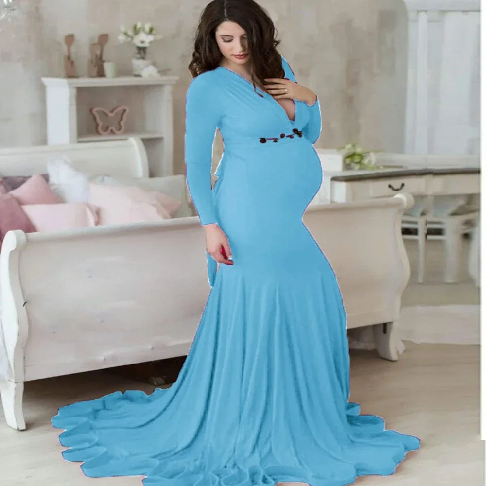 Women's Spring Autumn Maternity Dress Elegant Slim V-Neck Long Sleeve Mermaid Maxi Gowns for Photography Baby Shower Photoshoot