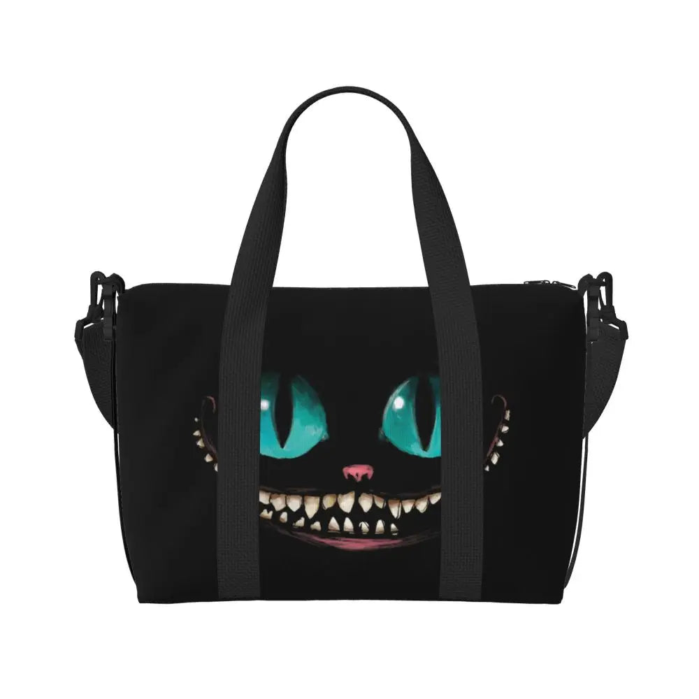Custom Cheshire Cat Beach Tote Bag for Women We're All Mad Here Cat Big Compartment Gym Beach Travel Bags