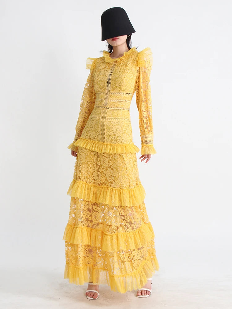 TWOTWINSTYLE Elegant Dresses For Women Stand Collar Long Sleeve High Waist Embroidery Slim Dress Female Fashion Clothing 2023