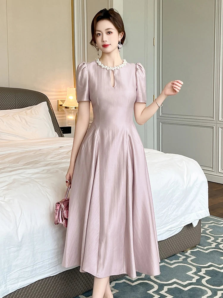 Elegant Host Evening Dress Women's French Vintage Sweet Pearl Hollow Folds Swing A-LINE Long Robe Party Catwalk Prom Vestidos