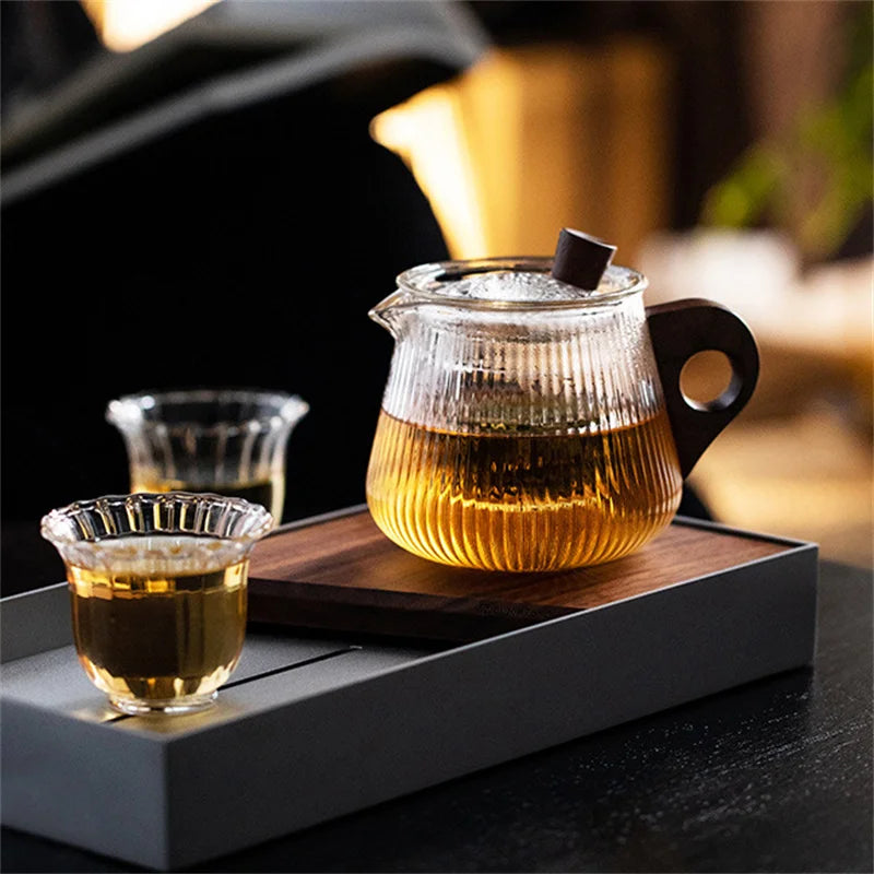 Japanese Heat Resistant Vertical Stripe Glass Tea Pot Wood Handle Teapot Kung Fu Tea Set Puer Kettle Coffee Glass Pot Teaware