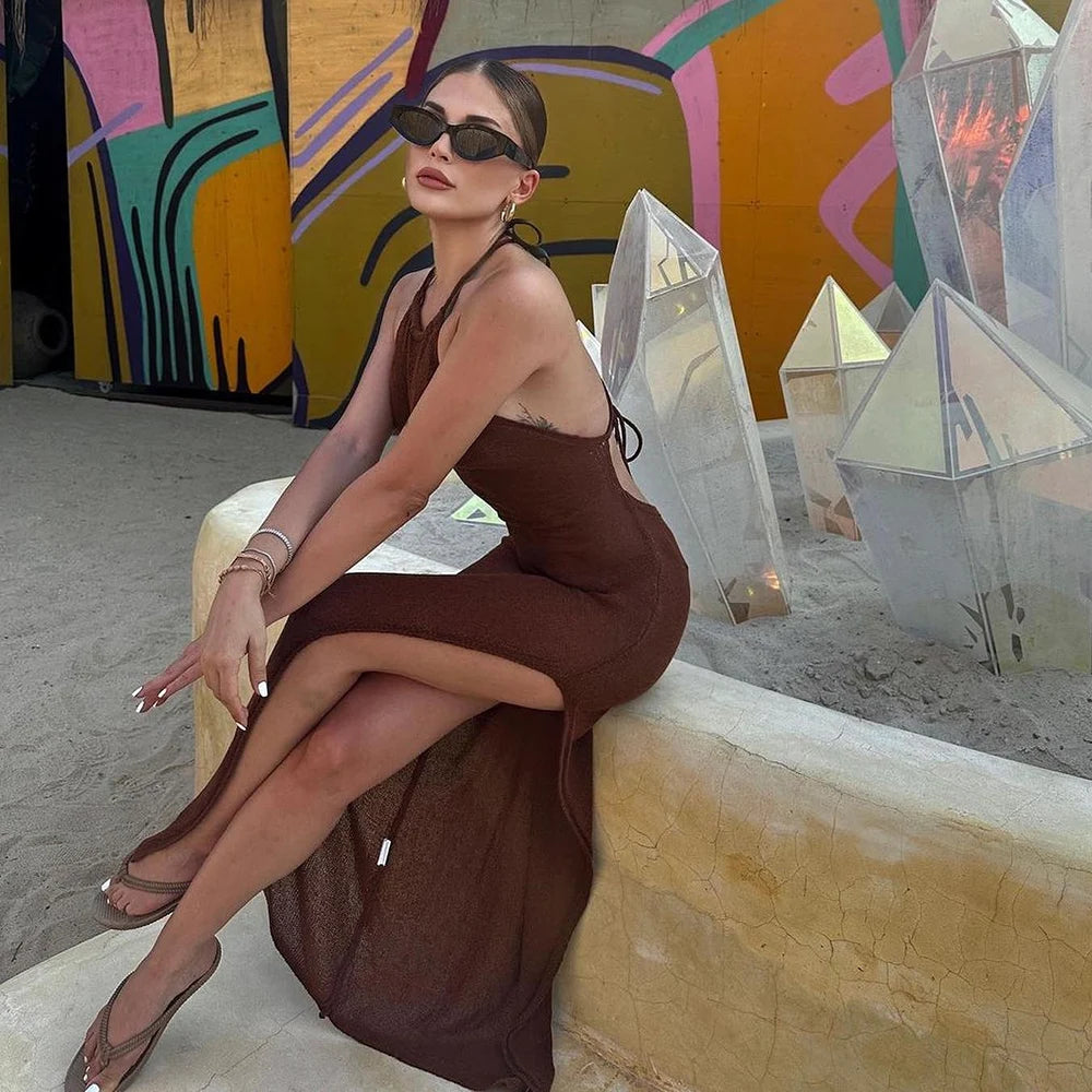 Strandkleid Gestricktes Cover Up Elegant Durchsichtig Maxi Schlitz Bodycon-Schnitt Halter Bikini Cover-Up
