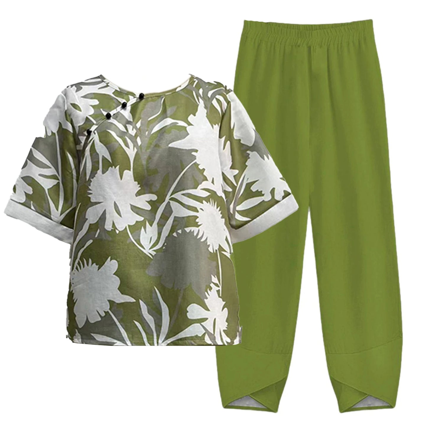 Elegant  Women Outfit Breathable Flower Pattern Blouse Trousers Half Sleeves Soft Blouse Pants Spring Clothes