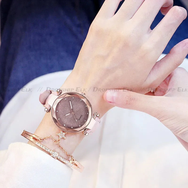 Casual Uhren Damen Romantischer Sternenhimmel - Uhr Armband Leder Strass Designer - Damen Uhr Einfaches Kleid Geschenk