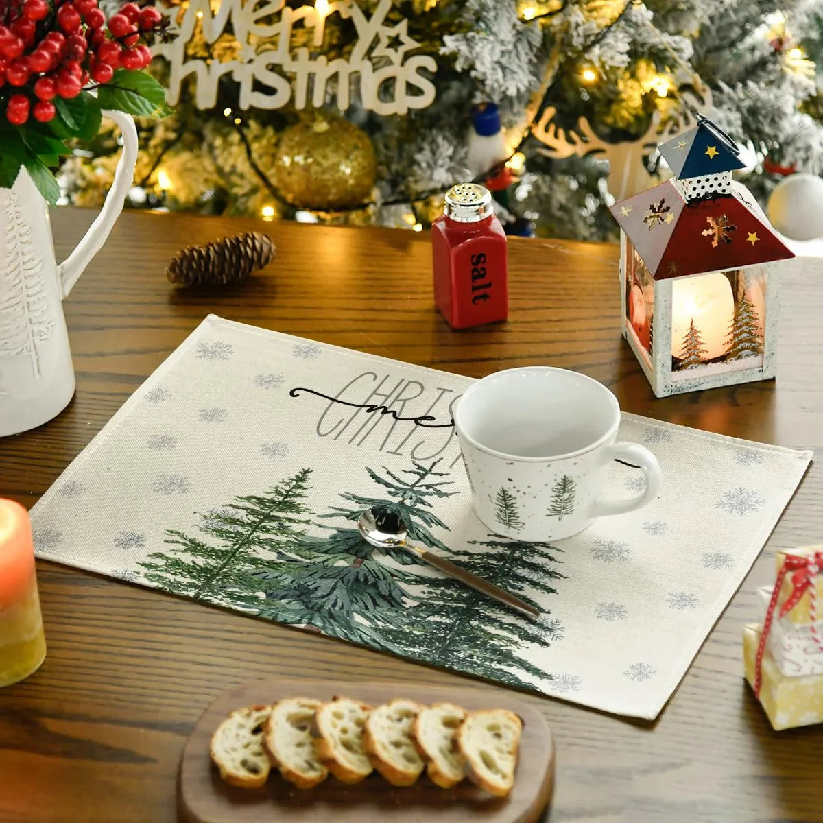 Pine Tree Snowflake Merry Christmas Placemats Seasonal Winter Xmas Table Mats for Kitchen Dining Decor