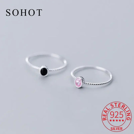 Inel rotund oval din argint 925, zirconiu negru, la modă, pentru femei fermecătoare, bijuterii minimaliste fine, accesorii drăguțe
