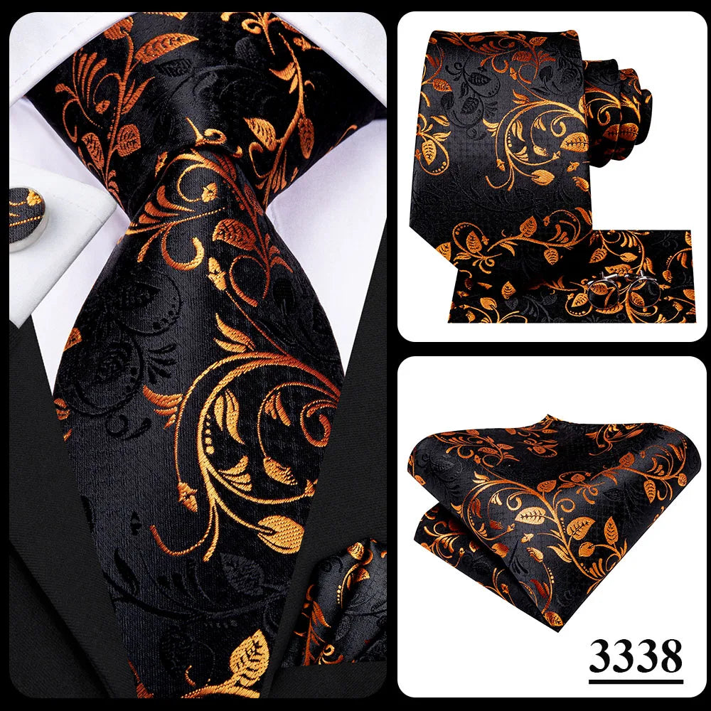 Hi-Tie Seiden-Herren-Krawatten-Set Blumenmuster Gelb Gold Krawatten und Taschentücher Manschettenknöpfe-Set Herren-Hochzeits-Party-Anzug-Mode-Halskrawatte C-3053