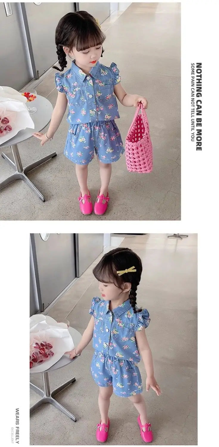 Children's Clothing Sets Floral Print Lace Sleeveless Top + Shorts 2pcs Sets  Baby Girl Outfit Set Kids Clothes for Girls