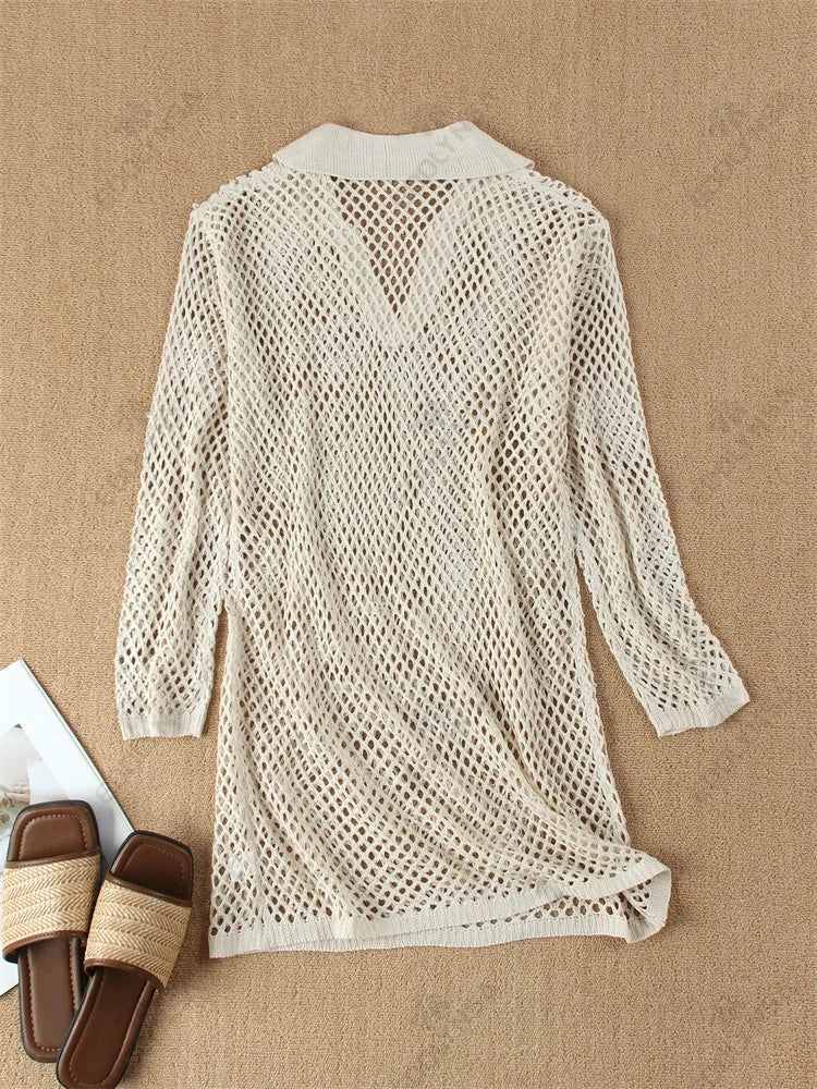 Einfarbig Strand Stricken Mini Kleid - Frauen Sommer Elegant Dekorative Details Langarm - Badeanzug Cover Up Boho Urlaub Lose Beachwear