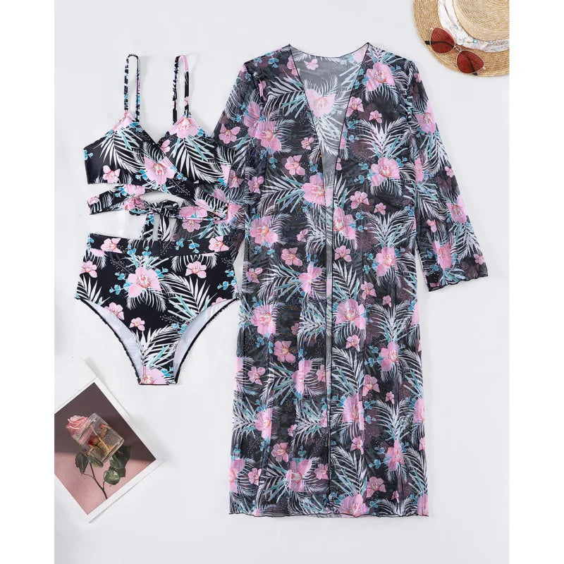 Sommer Print Schwimmanzüge: ASKATE Verbesserte Unterstützung Wire-Free Support Nylon Spandex - Dreiteilig High Waist Strand Wear Floraler Print