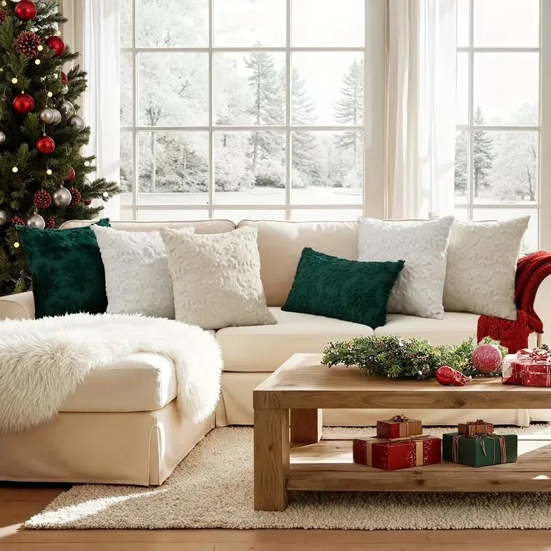 17.72x17.72 Inch Christmas Pillow Cover 3D Embroidered PlushCushion Case Zipper Snowflake SnowmanTree Pattern for Sofa Bed Decor