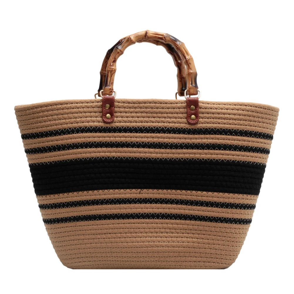 Beach Vacation Bags Bamboo Handle Women Weaving Bag Large Capacity Striped Portable Casual Fashion Exquisite for Seaside Party