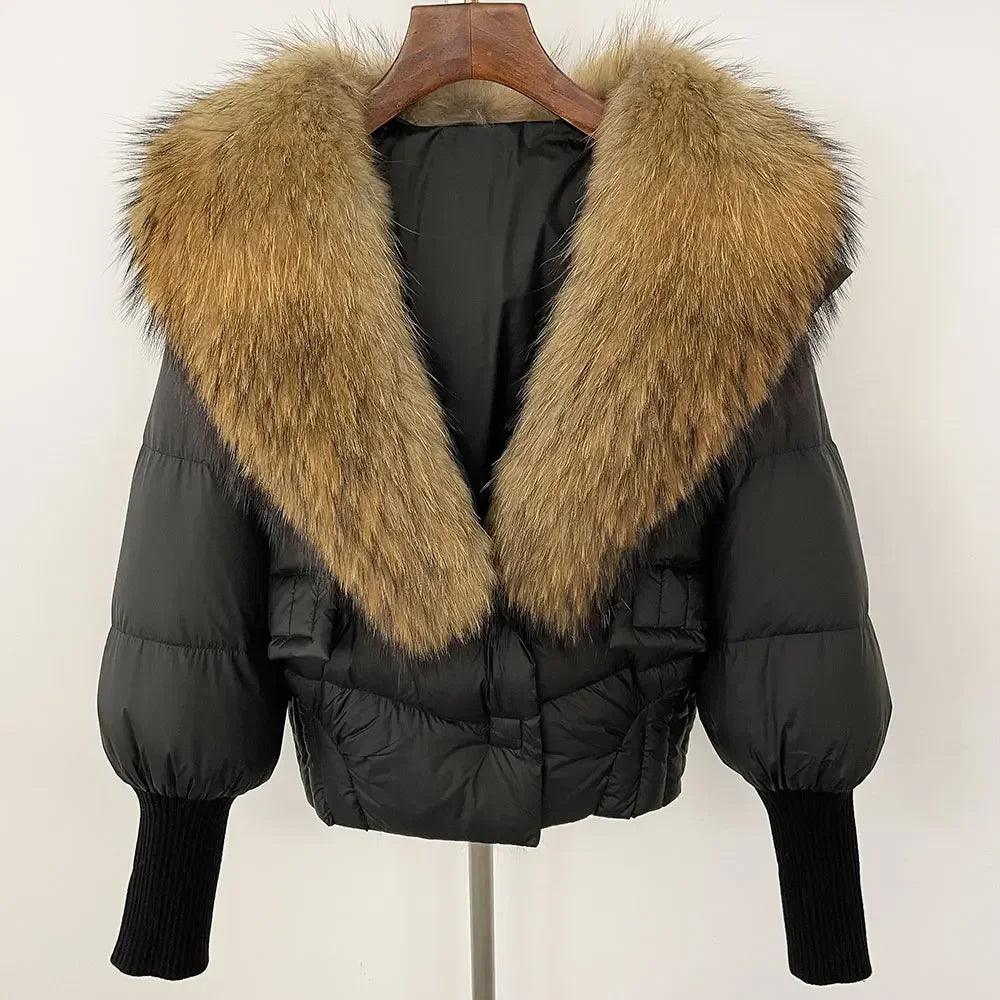 Winter girls jacket with real raccoon fox fur loose fit coat