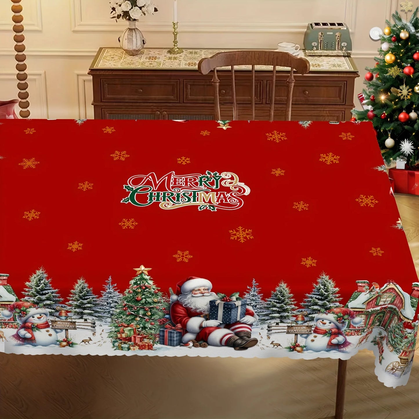 Christmas Tree Santa Claus Snowman Tablecloth for Table Decor Winter Snowflake Kitchen Dining Table Cloth Christmas Decorations