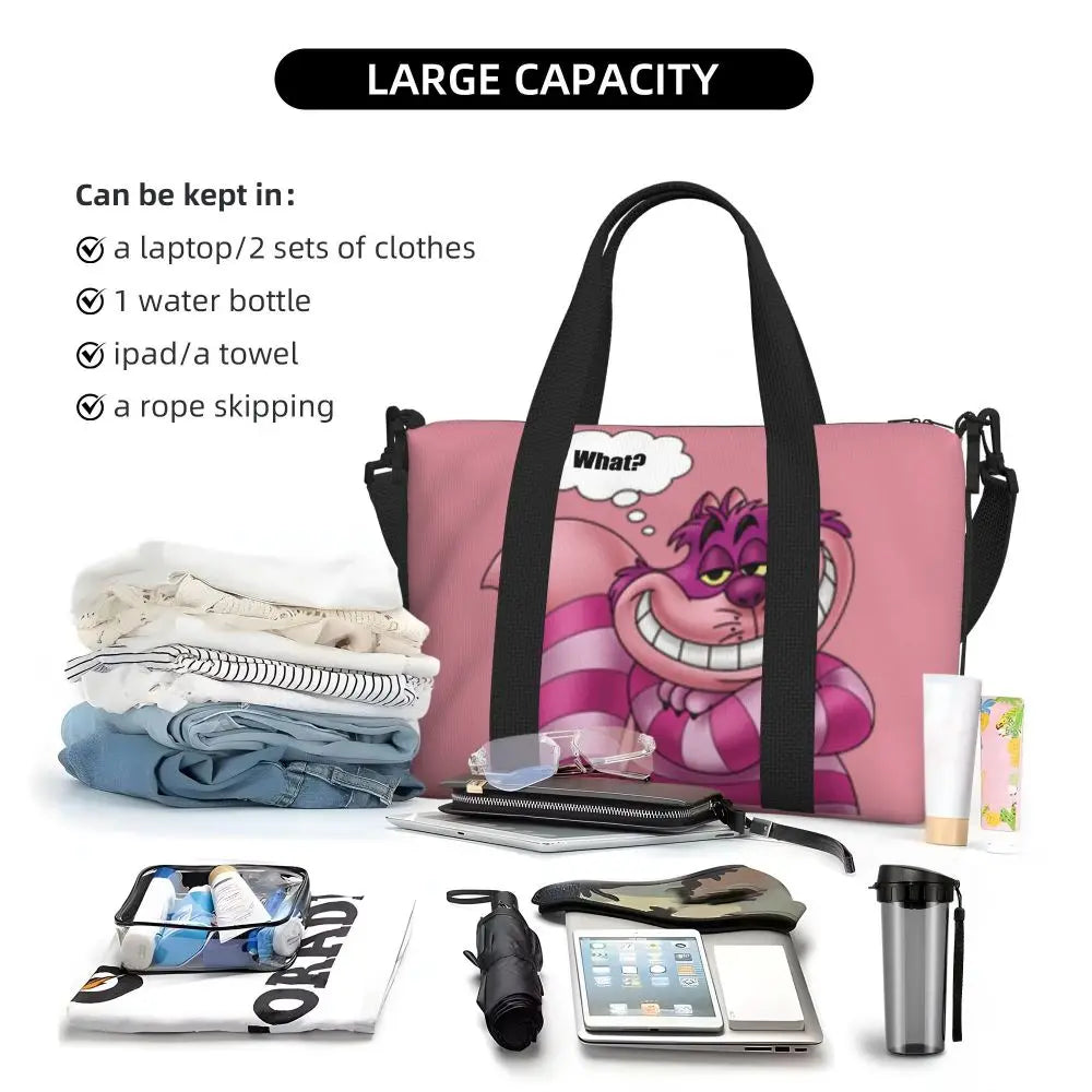 Custom Cheshire Cat Beach Tote Bag for Women We're All Mad Here Cat Big Compartment Gym Beach Travel Bags