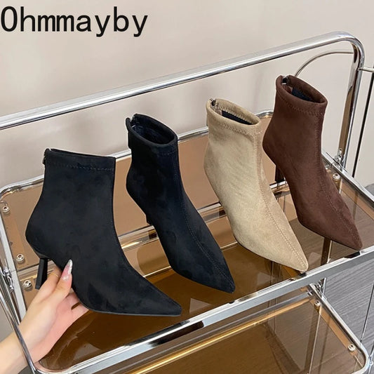 Ghete vintage Ohmmayby, toc subțire - înălțimea tocului 5-8 cm, până la gleznă, căptușeală din fleece
