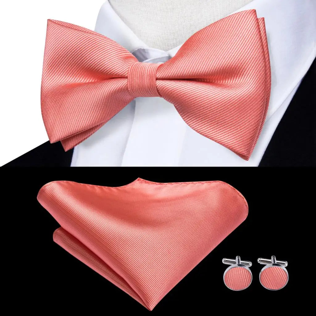 Hi-Tie Silk Mens Bow Tie Pocket Square Cufflinks Set Peach Pink Salmon Pre-tied Butterfly Knot Bowtie for Male Wedding Business
