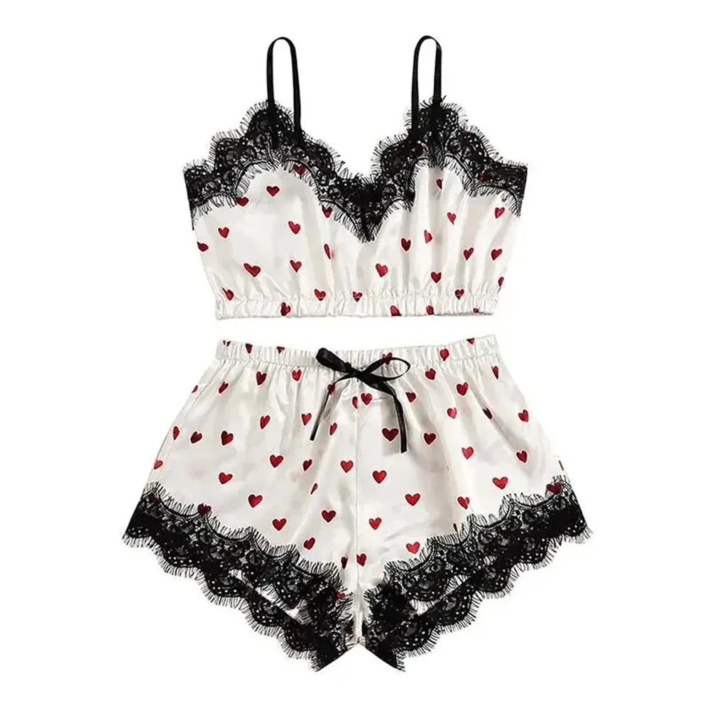 Pyjama-Set 2025: 2PCS Pajama Suit Women Fashion V-Neck Stretch Satin Lace - Sexy Lingerie Bowknot Pyjamas Sleep Shorts Set Sleepwear Sling Set New Collection