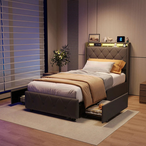 Gepolstertes Bett LED Beleuchtung USB Ladeanschluss Vier Schubladen