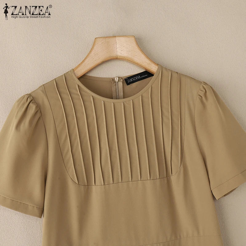 Elegant Office Lady Dresses 2025 Summer Dress ZANZEA Women Elegant Short Puff Sleeve Pleated Party Vestidos Knee Length Robe