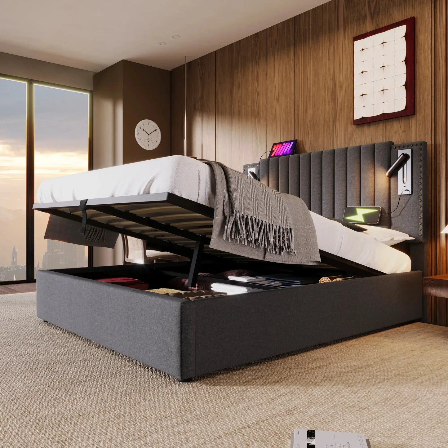 Polsterbett Doppelbett Mit Leselicht Und USB Ladefunktion